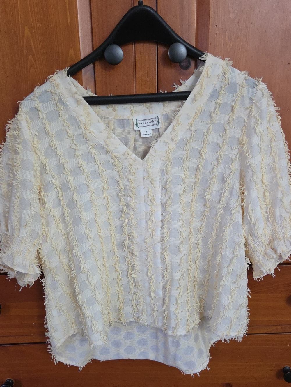 Love Riche Cream Fringe-Stripe V-Neck Short Sleeve Blouse